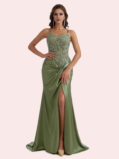 Dress Gorgeous V Neck Lace Appliques Mermaid Pleats Front Slit Soft Satin Maxi Dress Bridesmaid Dress For Prom Dress