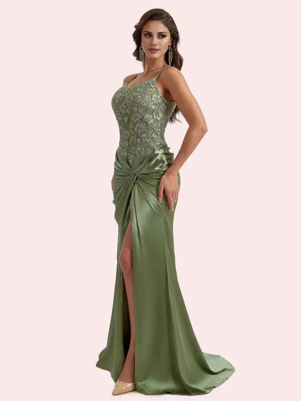 Dress Gorgeous V Neck Lace Appliques Mermaid Pleats Front Slit Soft Satin Maxi Dress Bridesmaid Dress For Prom Dress
