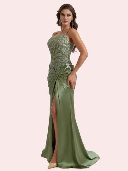 Dress Gorgeous V Neck Lace Appliques Mermaid Pleats Front Slit Soft Satin Maxi Dress Bridesmaid Dress For Prom Dress