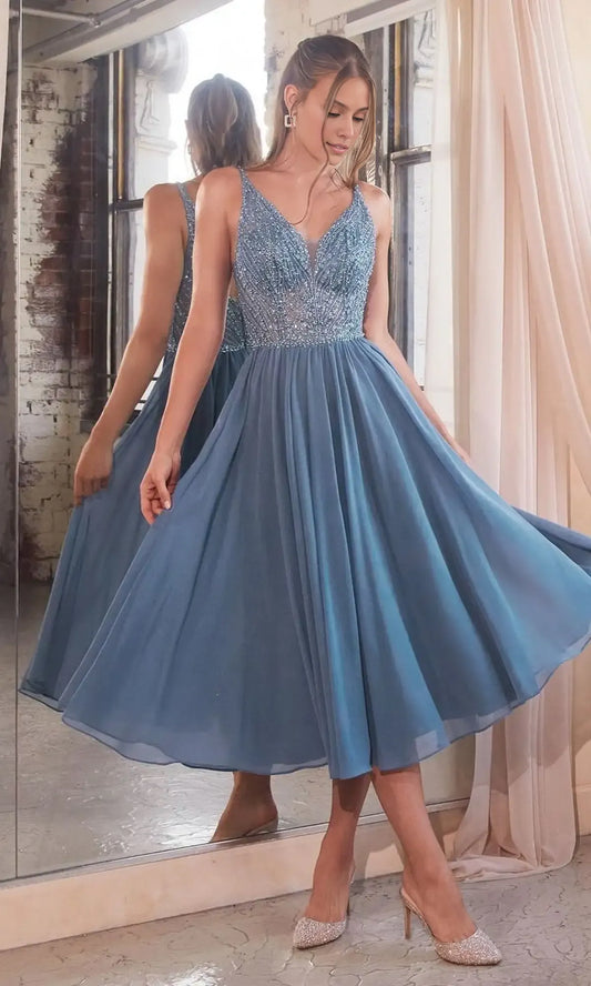 Dress Graceful A Line Beading Blue Sleeveless Tea Length Evening Dress Open Back Prom Dress