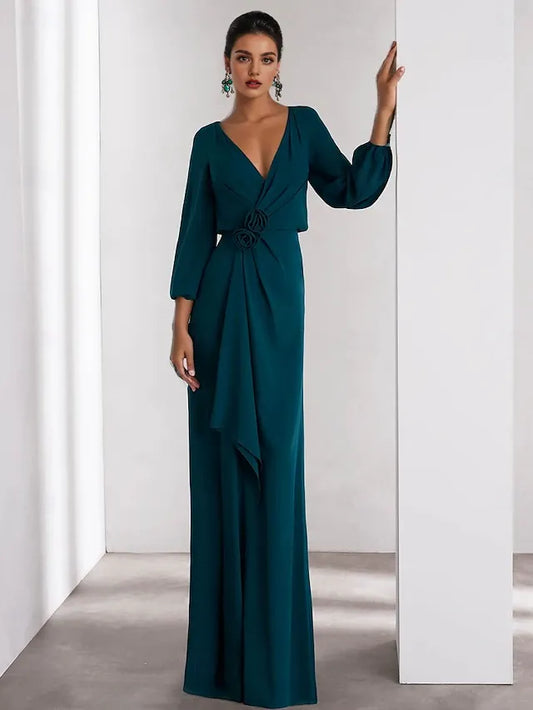 Dress Green A-Line Evening Gown Elegant Dress Formal Wedding Guest Floor Length Long Sleeve V Neck Crepe With Ruffles