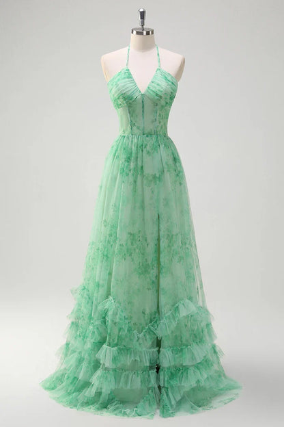 Dress Green A-Line Halter V Neck Floral Corset Ruffles Maxi Dress With Slit Prom Dress