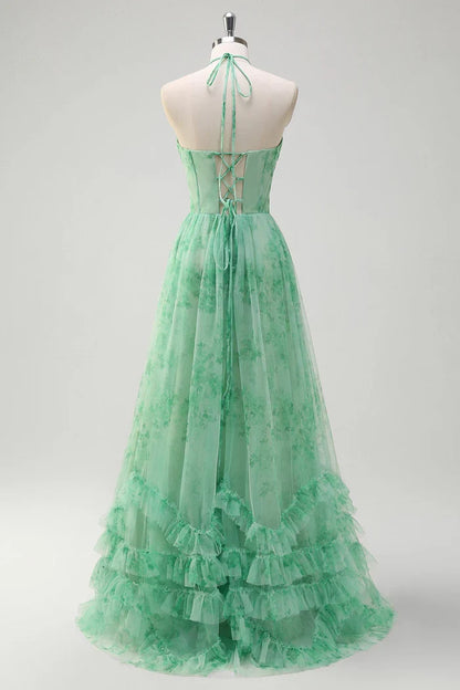 Dress Green A-Line Halter V Neck Floral Corset Ruffles Maxi Dress With Slit Prom Dress