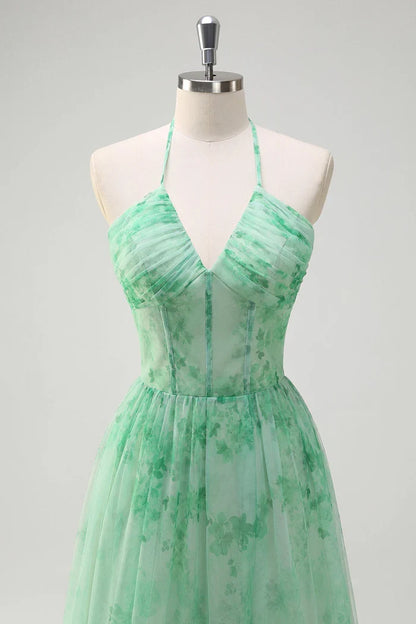 Dress Green A-Line Halter V Neck Floral Corset Ruffles Maxi Dress With Slit Prom Dress