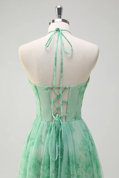 Dress Green A-Line Halter V Neck Floral Corset Ruffles Maxi Dress With Slit Prom Dress