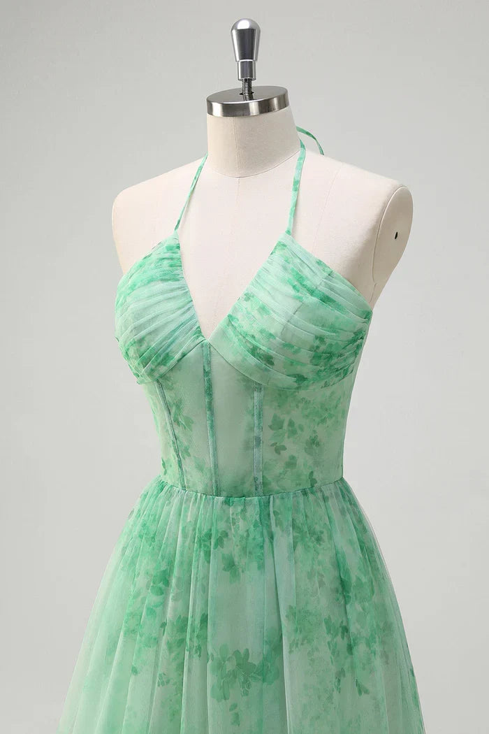 Dress Green A-Line Halter V Neck Floral Corset Ruffles Maxi Dress With Slit Prom Dress