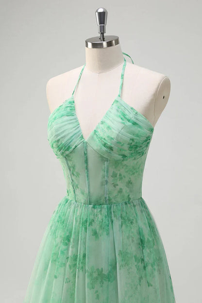 Dress Green A-Line Halter V Neck Floral Corset Ruffles Maxi Dress With Slit Prom Dress
