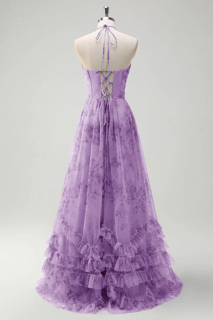 Dress Green A-Line Halter V Neck Floral Corset Ruffles Maxi Dress With Slit Prom Dress