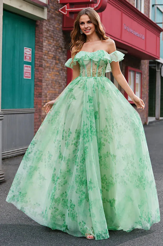 Dress Green A Line Off The Shoulder Corset Ruffled Print Party Dress Maxi Dress Sleeveless With Slit Prom Dress