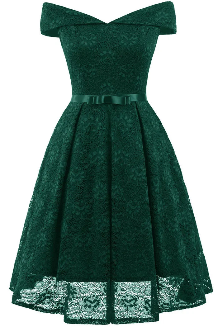 Dress Vintage Green Lace Off-the-shoulder Princess Homecoming Dress Knee Length A-Line Party Dress