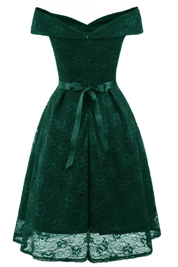 Dress Vintage Green Lace Off-the-shoulder Princess Homecoming Dress Knee Length A-Line Party Dress