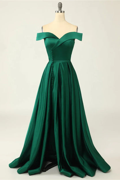 Dress Green Off the Shoulder Satin A-line Maxi Dress Prom Dress Sleeveless Solid Color Buttons Party Dress