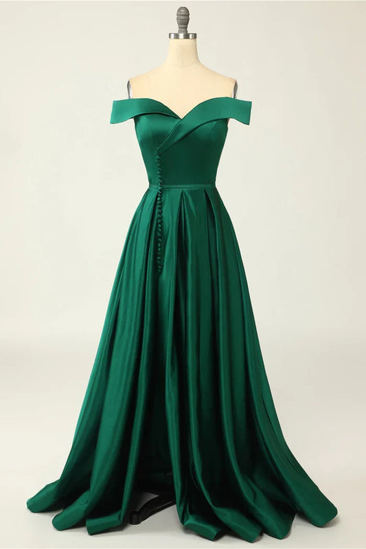 Dress Green Off the Shoulder Satin A-line Maxi Dress Prom Dress Sleeveless Solid Color Buttons Party Dress