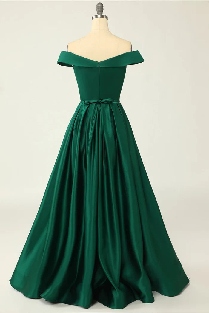 Dress Green Off the Shoulder Satin A-line Maxi Dress Prom Dress Sleeveless Solid Color Buttons Party Dress