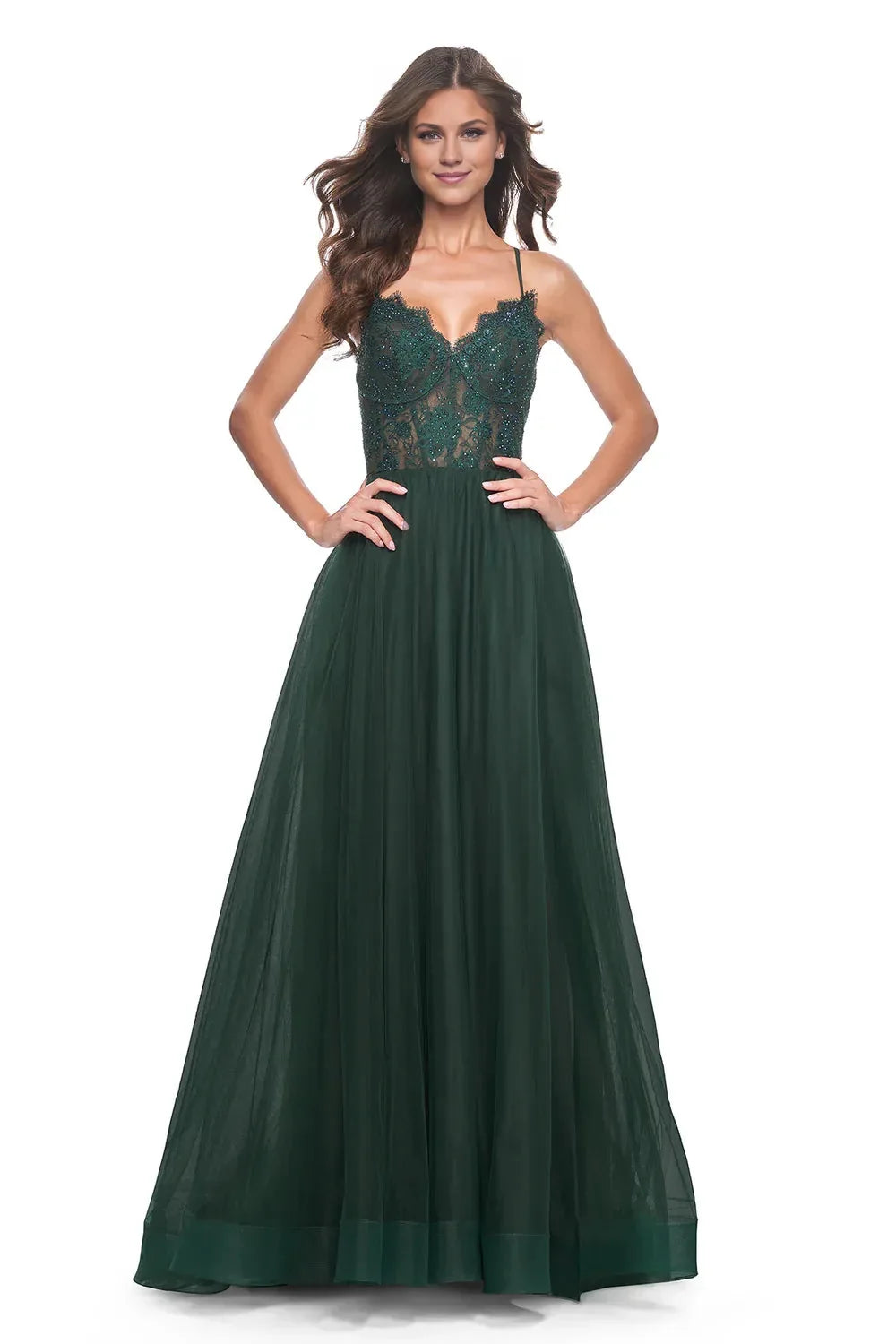 Dress Green Tulle Beauty Spaghetti Straps Plunging V Neck Embroidered Bodice And A Ball Gown Silhouette Prom Dress