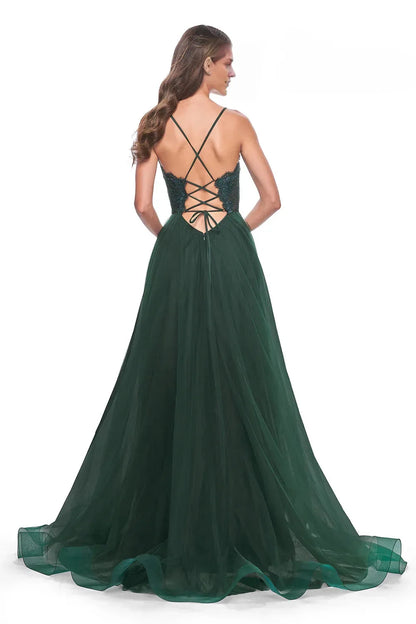 Dress Green Tulle Beauty Spaghetti Straps Plunging V Neck Embroidered Bodice And A Ball Gown Silhouette Prom Dress