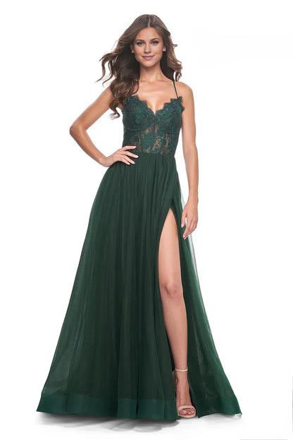 Dress Green Tulle Beauty Spaghetti Straps Plunging V Neck Embroidered Bodice And A Ball Gown Silhouette Prom Dress