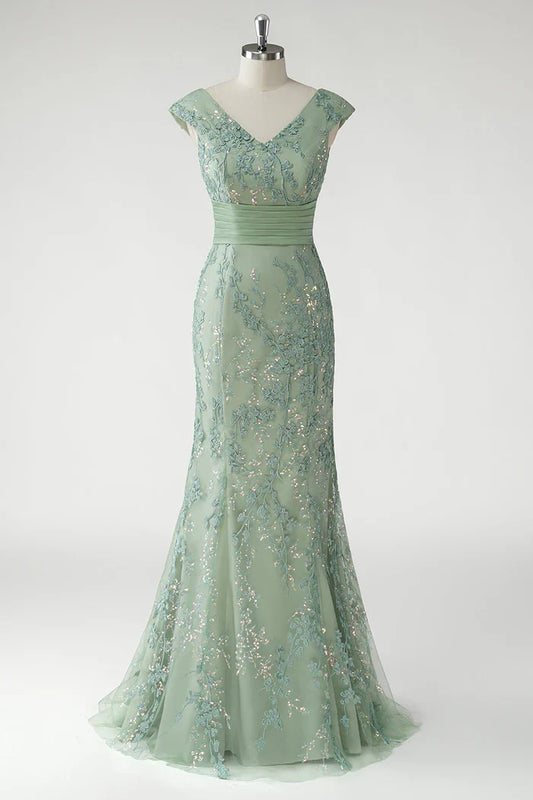 Dress Green V-Neck Mermaid Sequins Cap Sleeves Maxi Dress Prom Dress With Appliques Evening Dress