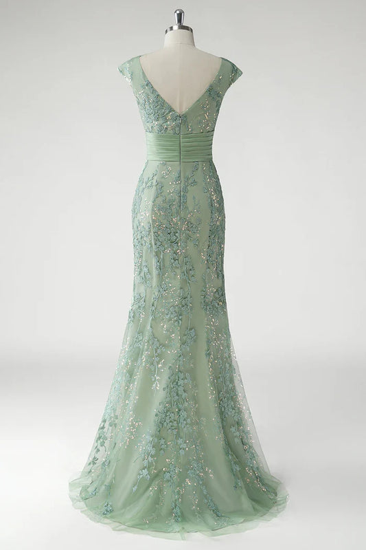 Dress Green V-Neck Mermaid Sequins Cap Sleeves Maxi Dress Prom Dress With Appliques Evening Dress