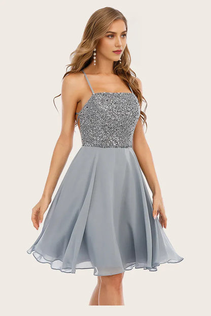Dress Grey Beaded Short Spaghetti Straps Homecoming Dress Sequins Strapless Party Dress