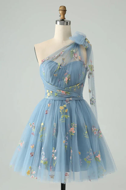 Dress Grey Blue A Line One Shoulder Tulle Short Homecoming Dress Sleeveless Floral Embroidery Party Dress