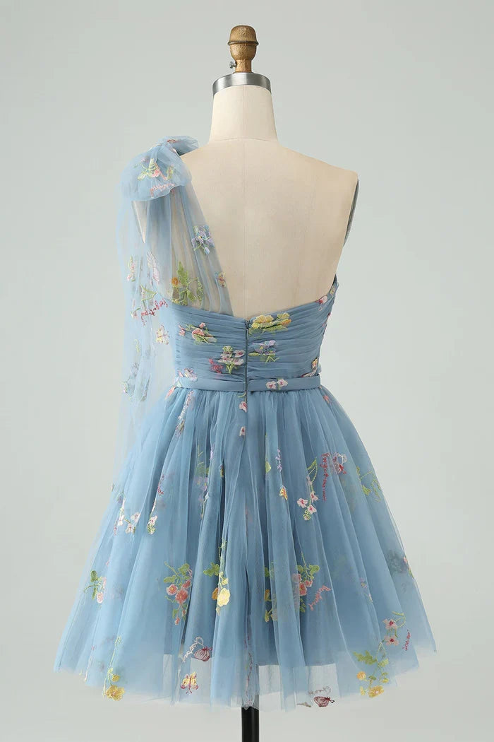 Dress Grey Blue A Line One Shoulder Tulle Short Homecoming Dress Sleeveless Floral Embroidery Party Dress
