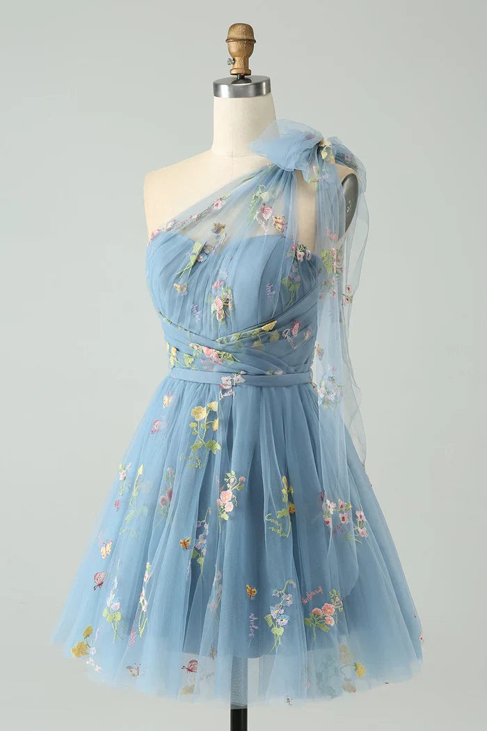 Dress Grey Blue A Line One Shoulder Tulle Short Homecoming Dress Sleeveless Floral Embroidery Party Dress