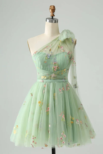Dress Grey Blue A Line One Shoulder Tulle Short Homecoming Dress Sleeveless Floral Embroidery Party Dress