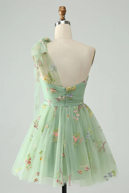 Dress Grey Blue A Line One Shoulder Tulle Short Homecoming Dress Sleeveless Floral Embroidery Party Dress