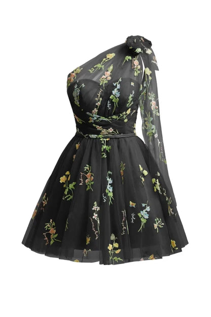 Dress Grey Blue A Line One Shoulder Tulle Short Homecoming Dress Sleeveless Floral Embroidery Party Dress