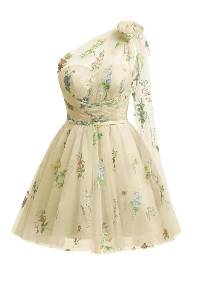 Dress Grey Blue A Line One Shoulder Tulle Short Homecoming Dress Sleeveless Floral Embroidery Party Dress