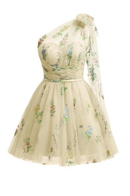 Dress Grey Blue A Line One Shoulder Tulle Short Homecoming Dress Sleeveless Floral Embroidery Party Dress