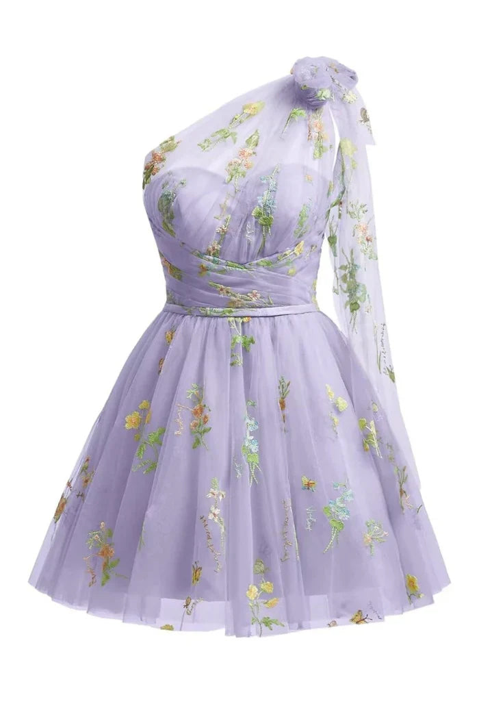 Dress Grey Blue A Line One Shoulder Tulle Short Homecoming Dress Sleeveless Floral Embroidery Party Dress