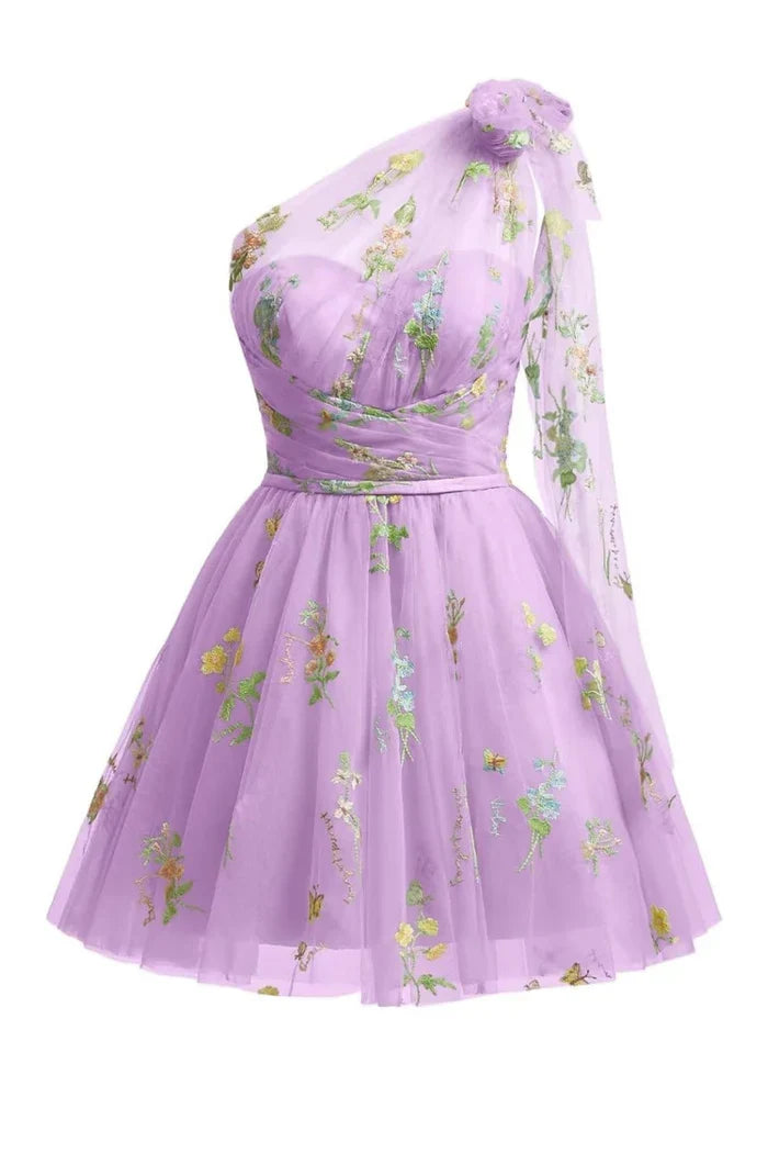 Dress Grey Blue A Line One Shoulder Tulle Short Homecoming Dress Sleeveless Floral Embroidery Party Dress