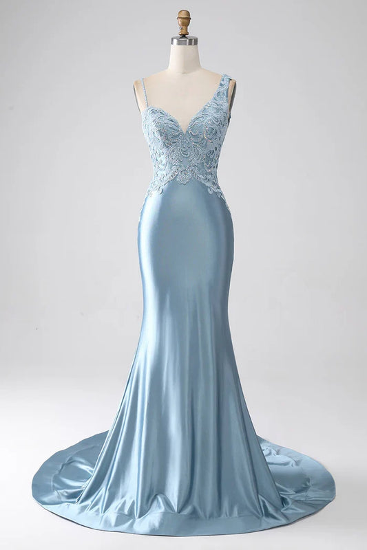 Dress Grey Blue Mermaid Spaghetti Straps Beaded Party Dress Maxi Dress With Appliques Prom Dress