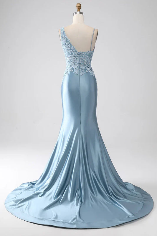 Dress Grey Blue Mermaid Spaghetti Straps Beaded Party Dress Maxi Dress With Appliques Prom Dress