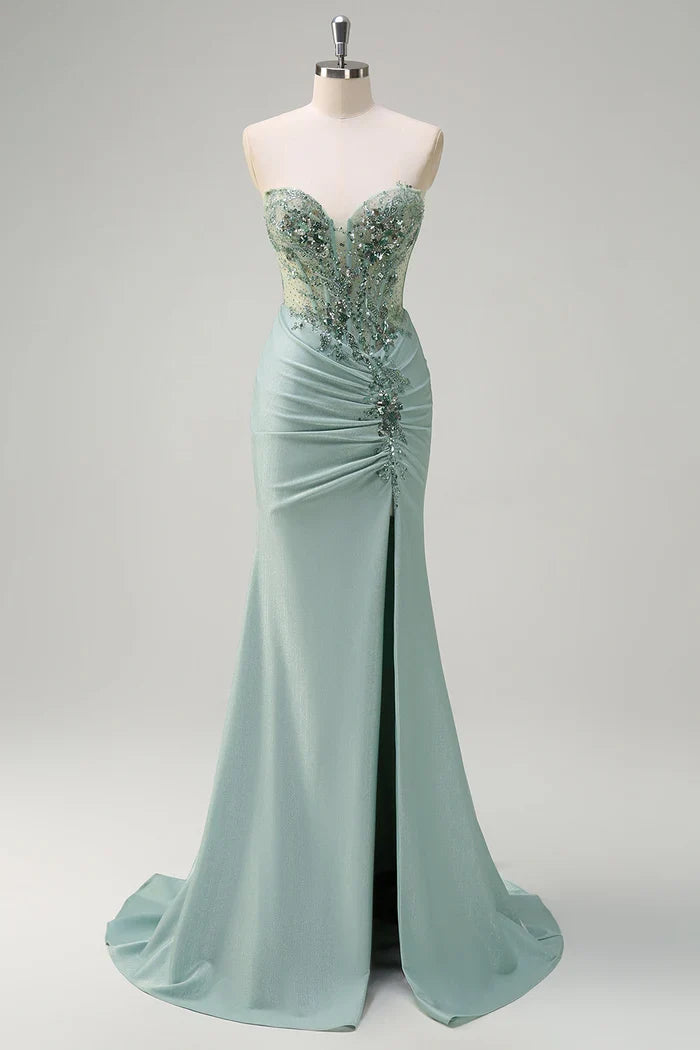 Dress Grey Green Mermaid Sequined Sweetheart Maxi Dress Prom Dress Slit Sweep Brush Train Evening Dress