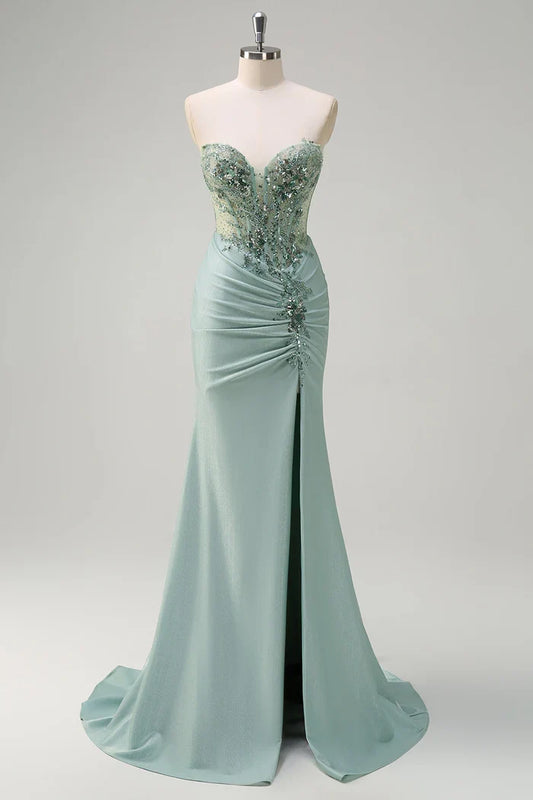 Dress Grey Green Mermaid Sequined Sweetheart Maxi Dress Prom Dress Slit Sweep Brush Train Evening Dress