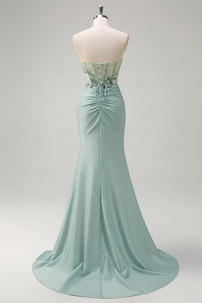 Dress Grey Green Mermaid Sequined Sweetheart Maxi Dress Prom Dress Slit Sweep Brush Train Evening Dress