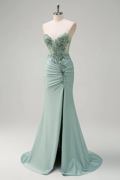 Dress Grey Green Mermaid Sequined Sweetheart Maxi Dress Prom Dress Slit Sweep Brush Train Evening Dress