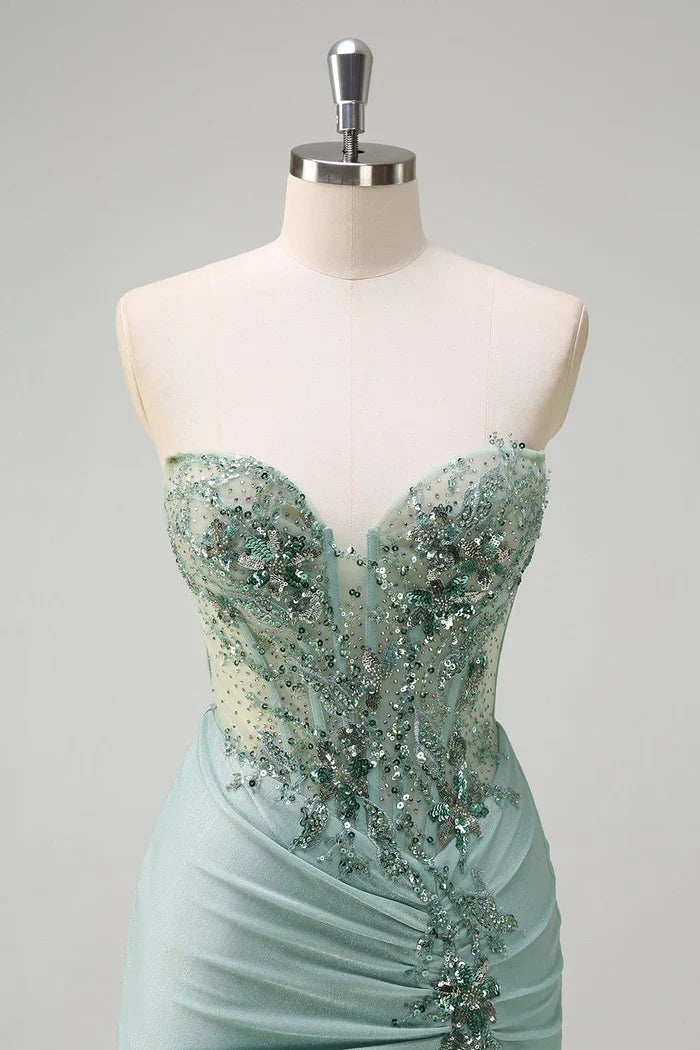 Dress Grey Green Mermaid Sequined Sweetheart Maxi Dress Prom Dress Slit Sweep Brush Train Evening Dress