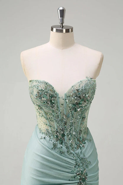 Dress Grey Green Mermaid Sequined Sweetheart Maxi Dress Prom Dress Slit Sweep Brush Train Evening Dress