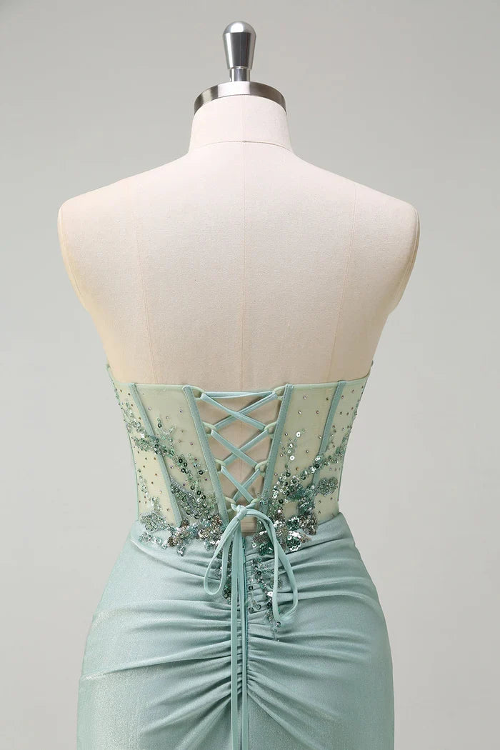 Dress Grey Green Mermaid Sequined Sweetheart Maxi Dress Prom Dress Slit Sweep Brush Train Evening Dress