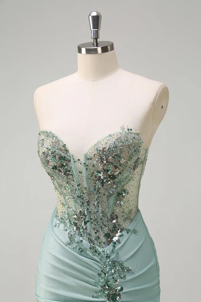 Dress Grey Green Mermaid Sequined Sweetheart Maxi Dress Prom Dress Slit Sweep Brush Train Evening Dress