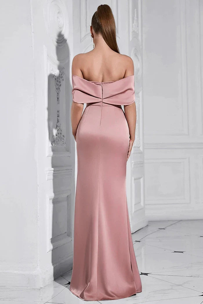 Dress Grey Pink Sheath Off the Shoulder Ruched Maxi Dress Prom Dress With Slit Evening Dress