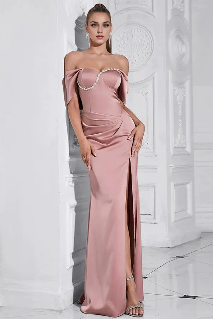 Dress Grey Pink Sheath Off the Shoulder Ruched Maxi Dress Prom Dress With Slit Evening Dress