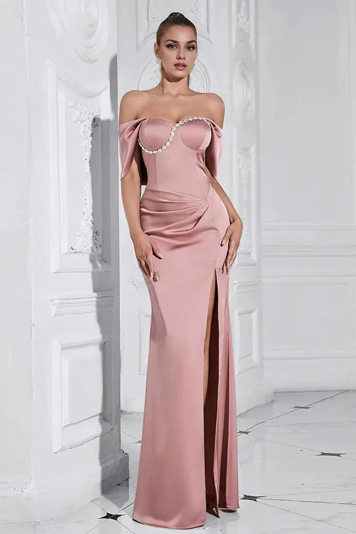Dress Grey Pink Sheath Off the Shoulder Ruched Maxi Dress Prom Dress With Slit Evening Dress