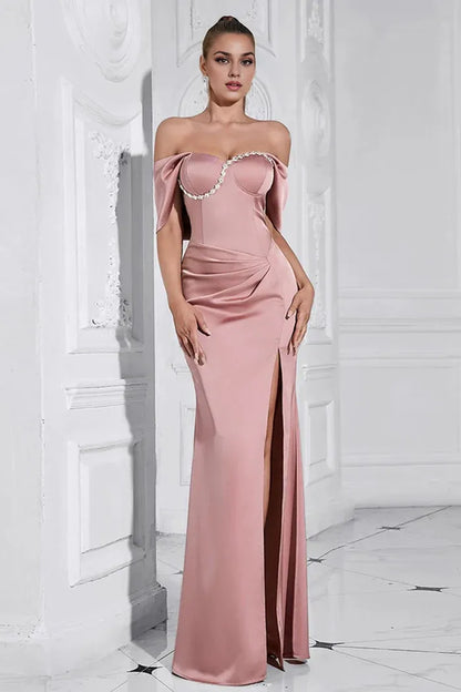 Dress Grey Pink Sheath Off the Shoulder Ruched Maxi Dress Prom Dress With Slit Evening Dress