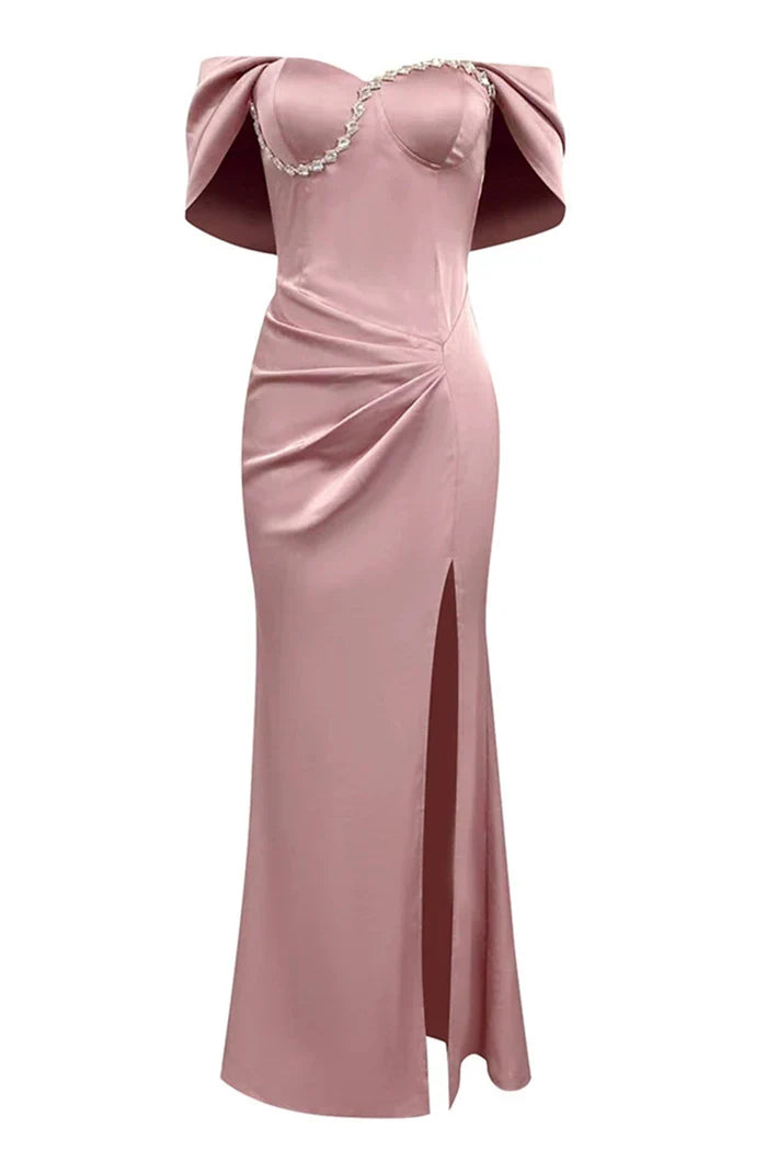 Dress Grey Pink Sheath Off the Shoulder Ruched Maxi Dress Prom Dress With Slit Evening Dress