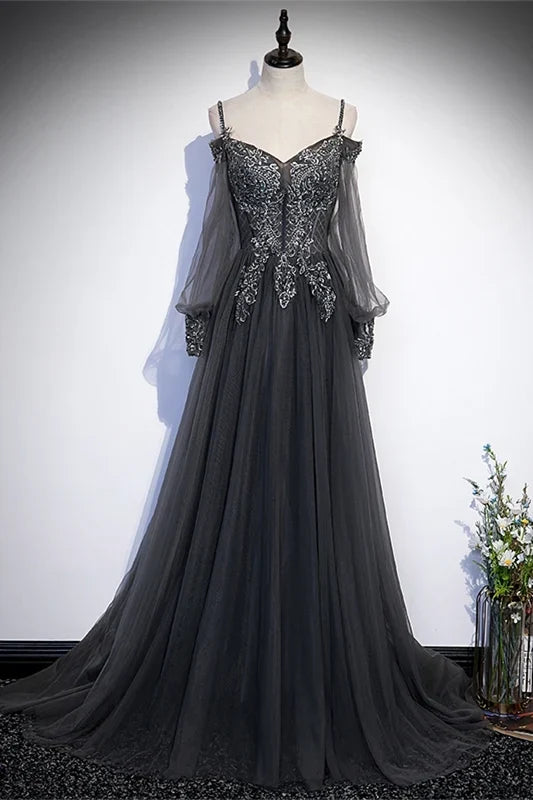 Dress Grey Tulle A-line Applique Long Formal Dress With Long Sleeves Maxi Dress Prom Dress